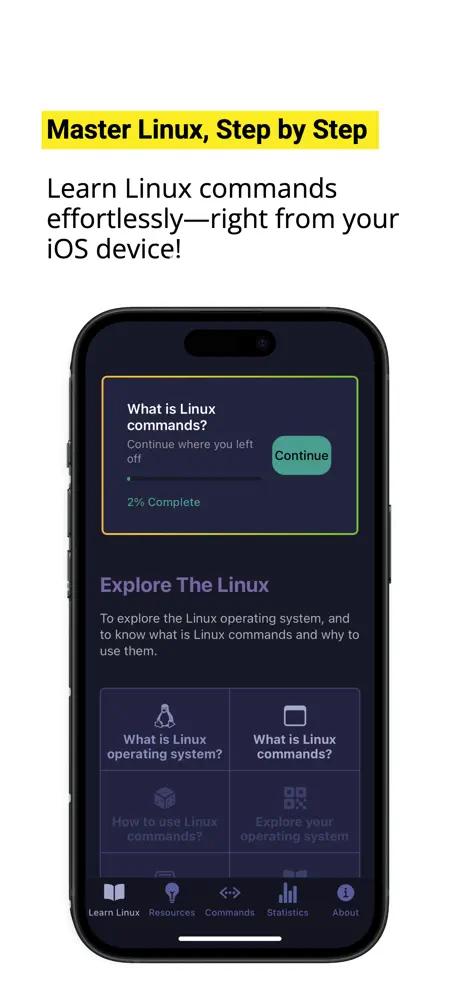 Learn Linux Main Section - Contains learning progress and topics with its lessons